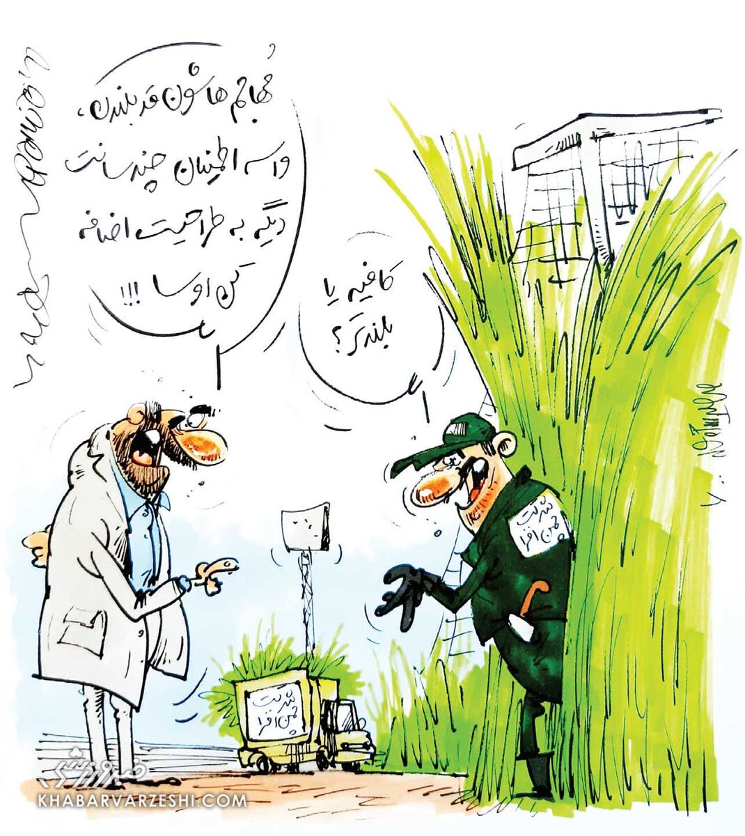 کارتون محمدرضا میرشاه‌ولد درباره بلندی چمن ورزشگاه مشهد