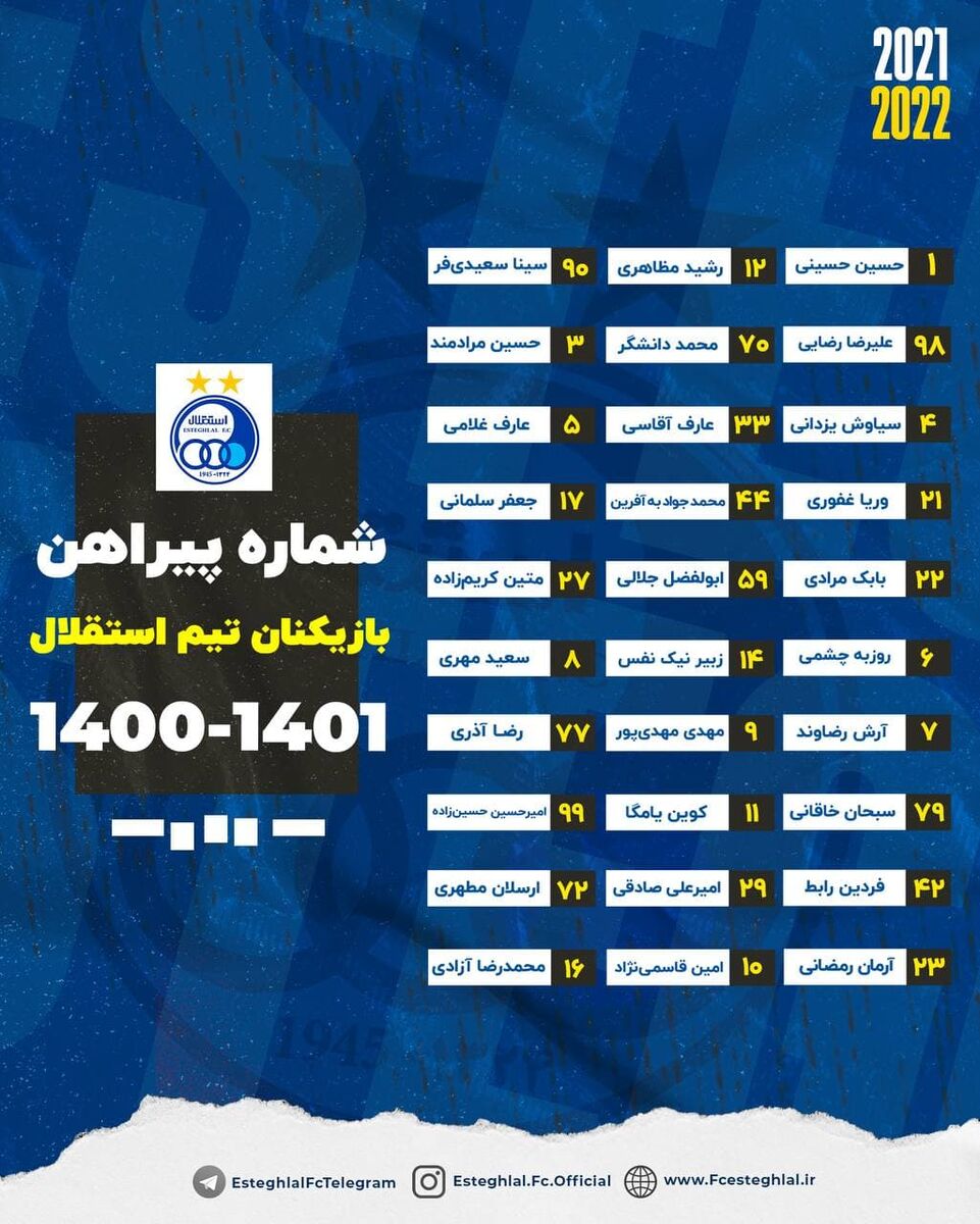 عکس| شماره پیراهن بازیکنان استقلال در لیگ بیست‌ویکم مشخص شد/ شماره 10 آبی‌ها به چه کسی رسید؟