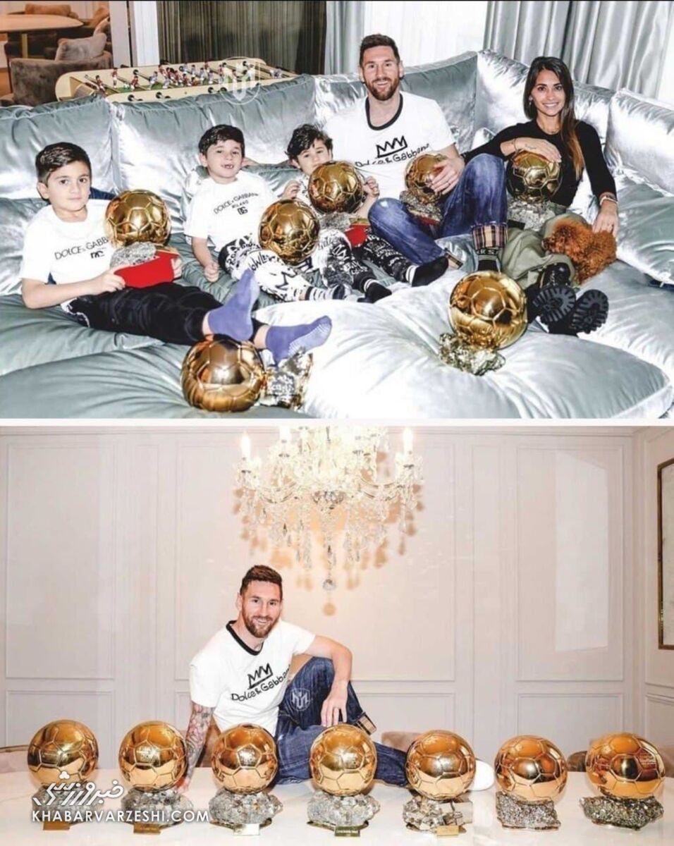 عکس| ژست جالب مسی و اهل خانه با توپ‌های طلایش