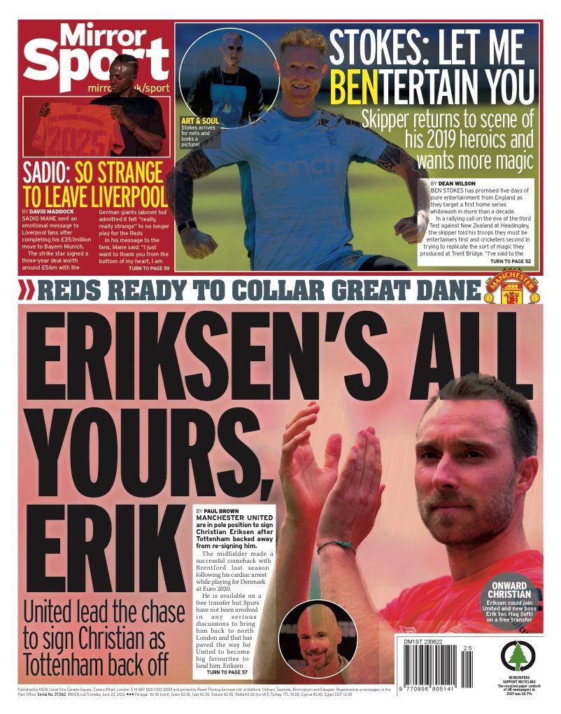 روزنامه میرر| اریکسن برای شما، اریک روزنامه میرر| اریکسن برای شما، اریک