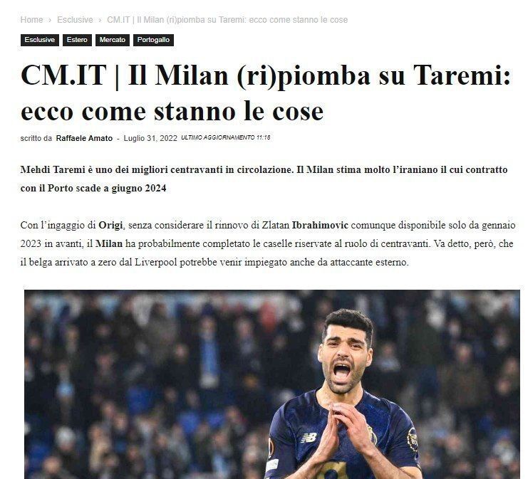 رسانه ایتالیایی خبر داد؛ اسطوره میلان همچنان پیگیر خرید طارمی!