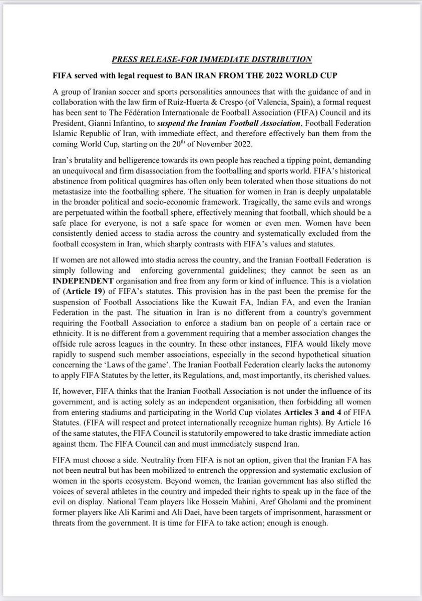 نامه درخواست حذف ایران از جام جهانی ۲۰۲۲ قطر را ببینید!/ فیفا واکنش نشان خواهد داد؟