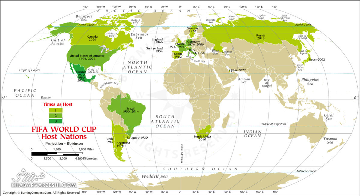میزبانان جام‌جهانی فوتبال روی نقشه جهان