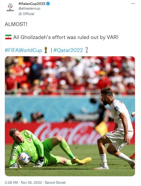 عکس| واکنش AFC به مردود شدن گل ایران در جام جهانی