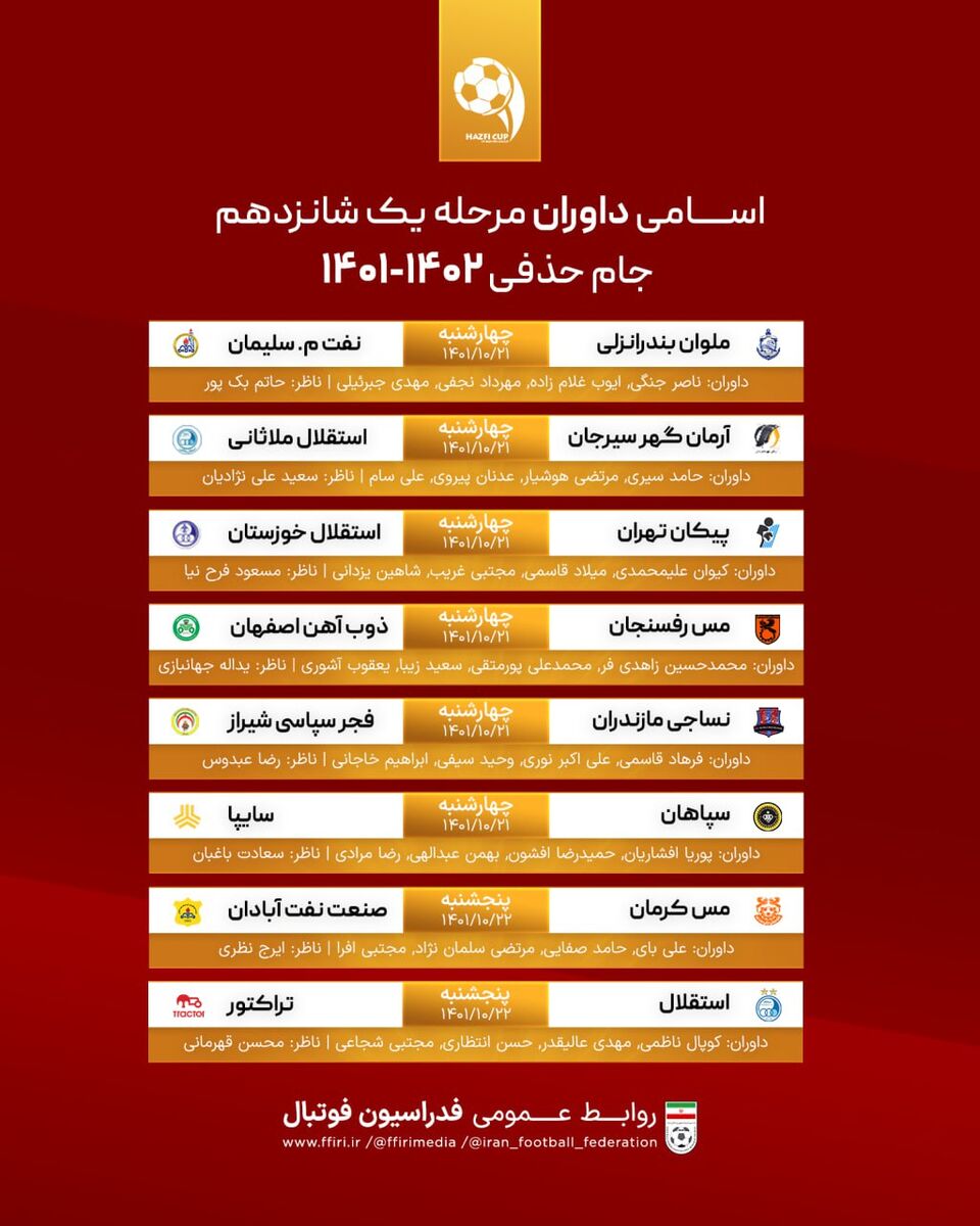 داوران دیدار استقلال و پرسپولیس در جام حذفی