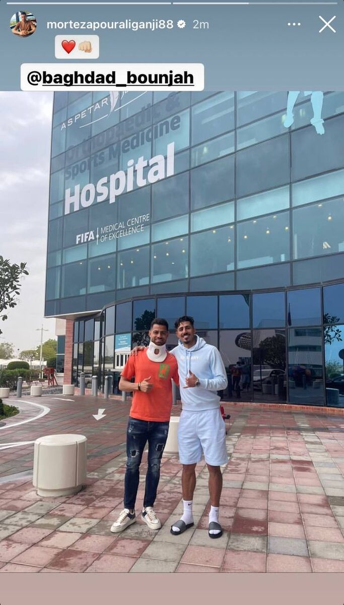 عکس| پورعلی گنجی در کنار کابوس بیرانوند/ ادامه درمان مدافع پرسپولیس در قطر
