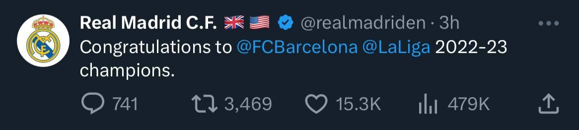 رئال‌مادرید قهرمانی بارسلونا را تبریک گفت