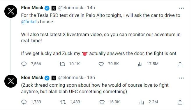 ادامه کلکل مدیران ایکس و متا/ ایلان ماسک امشب برای دعوا به خانه زاکربرگ میرود!