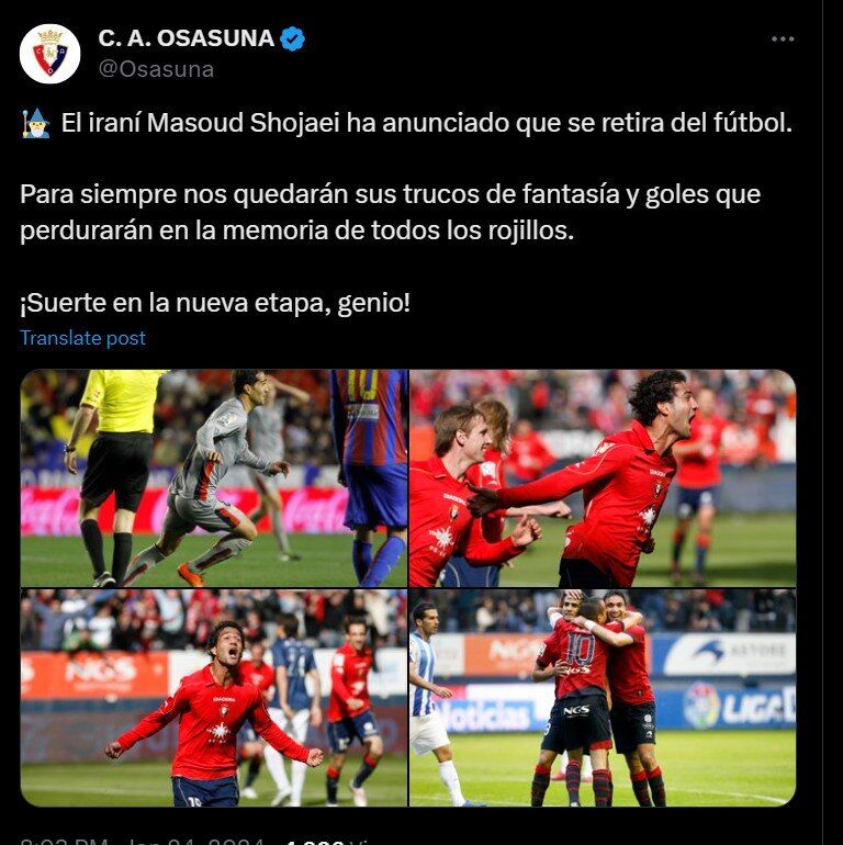 عکس| پیام جالب اوساسونا به مناسبت خداحافظی مسعود شجاعی