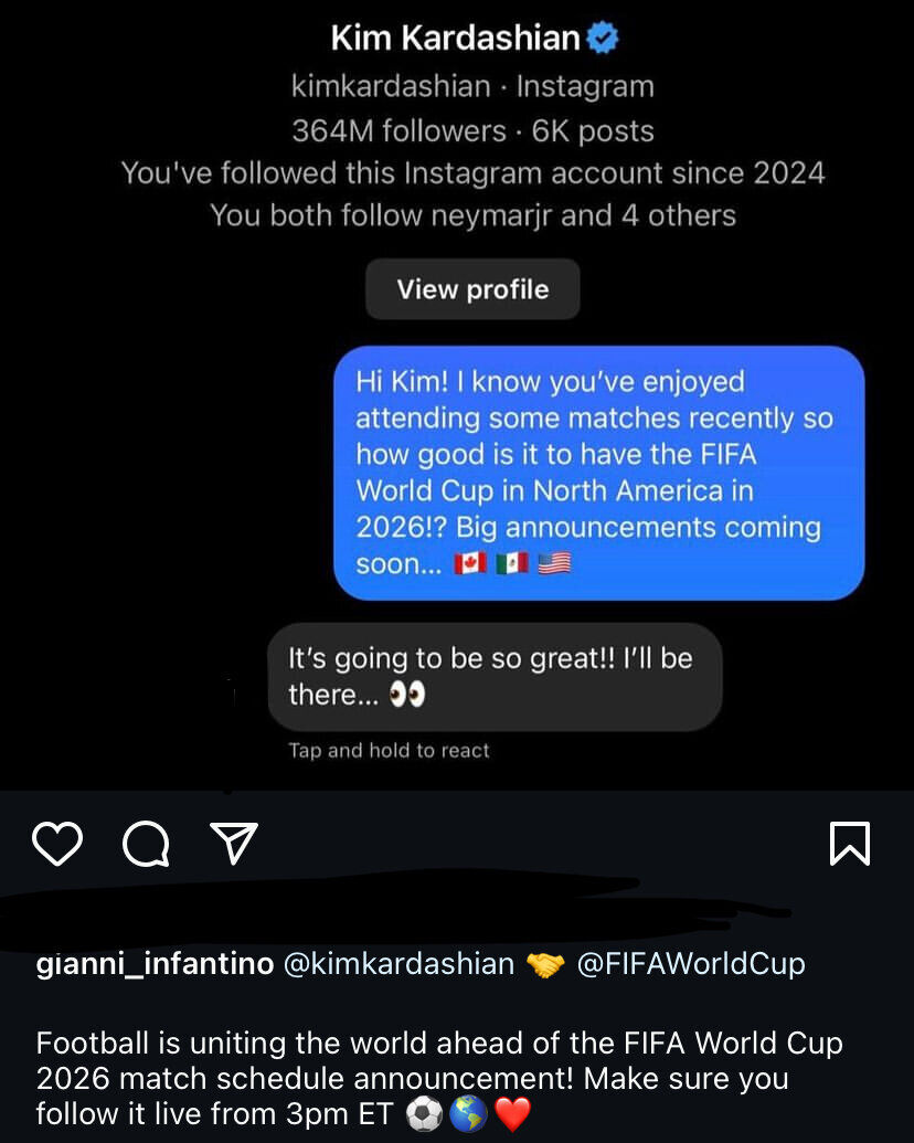 عکس| دایرکت رئیس فیفا به کیم کارداشیان/ درخواست اینفانتینو از سلبریتی پرحاشیه چه بود؟