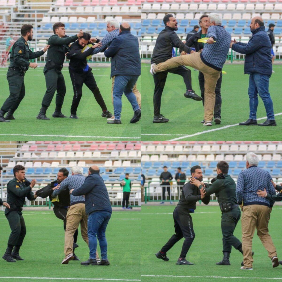 عکس| عجیب‌ترین اتفاق در فوتبال ایران/ بزن بزن دو مربی وسط زمین چمن