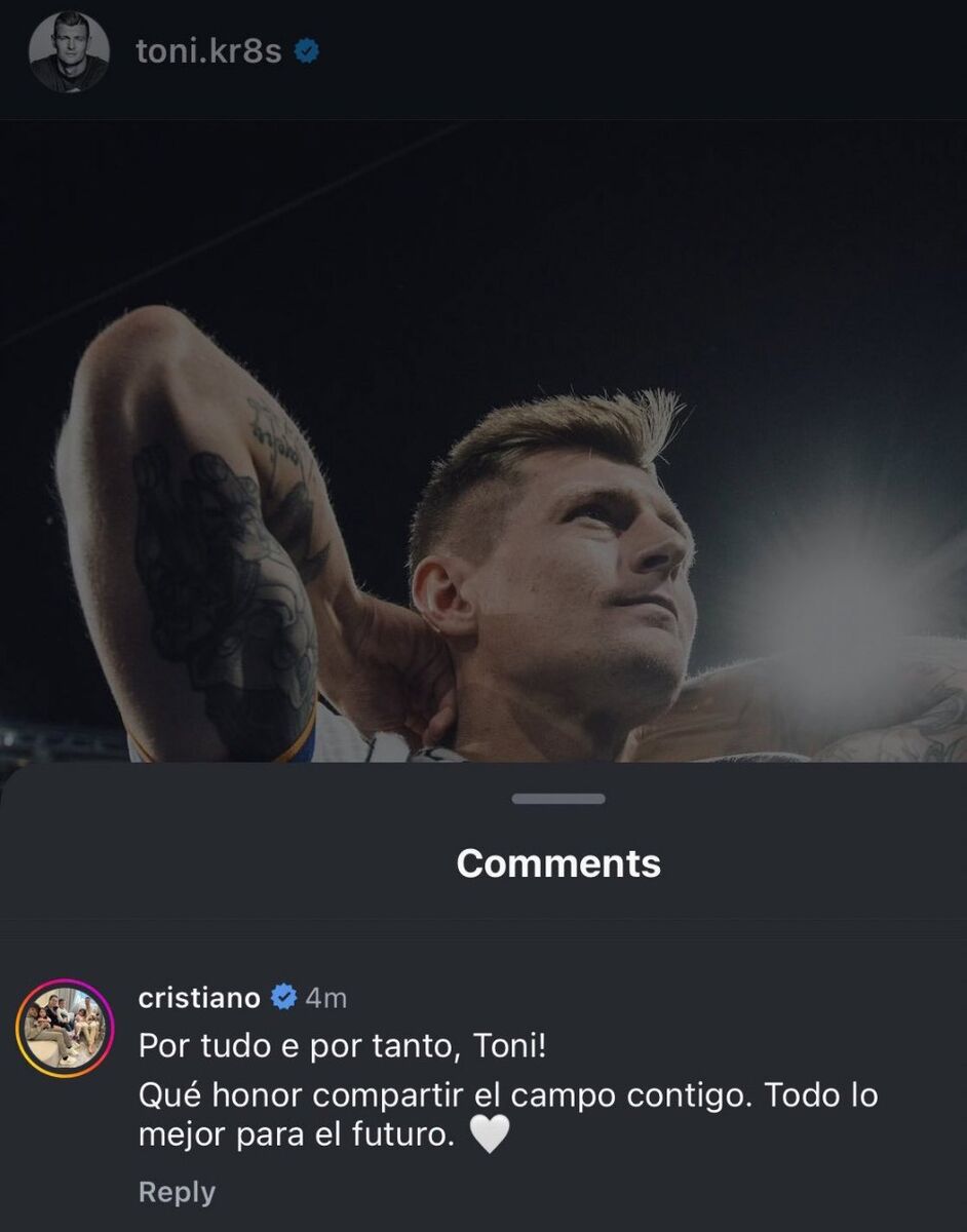 عکس| واکنش رونالدو به خداحافظی کروس؛ به تو افتخار میکنم!