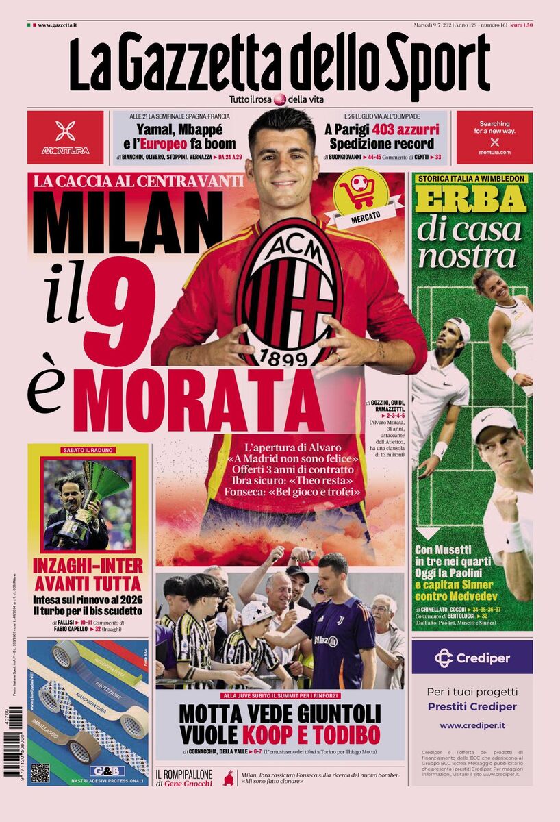 روزنامه گاتزتا| میلان در ۹ و موراتا روزنامه گاتزتا| میلان در ۹ و موراتا