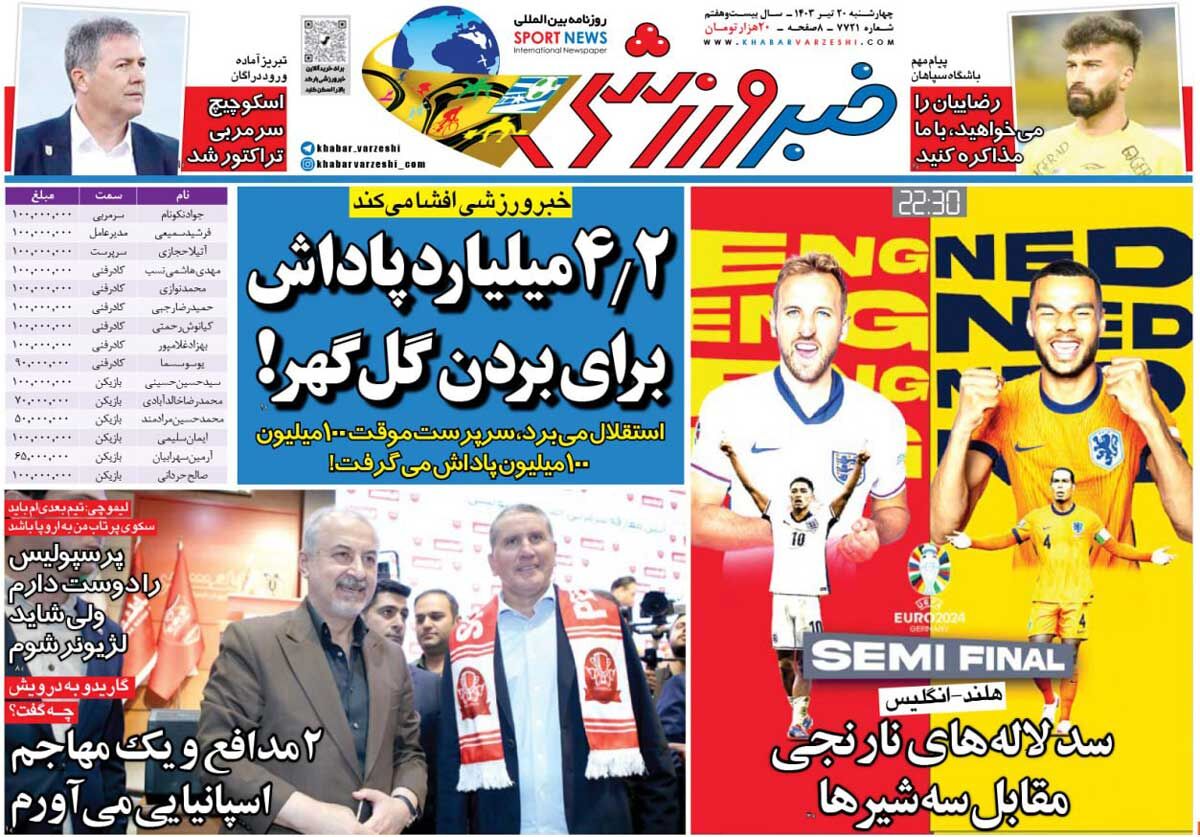 روزنامه خبرورزشی| ۴٫۲میلیارد پاداش برای بردن گلگهر جلد روزنامه خبرورزشی چهارشنبه ۲۰ تیر