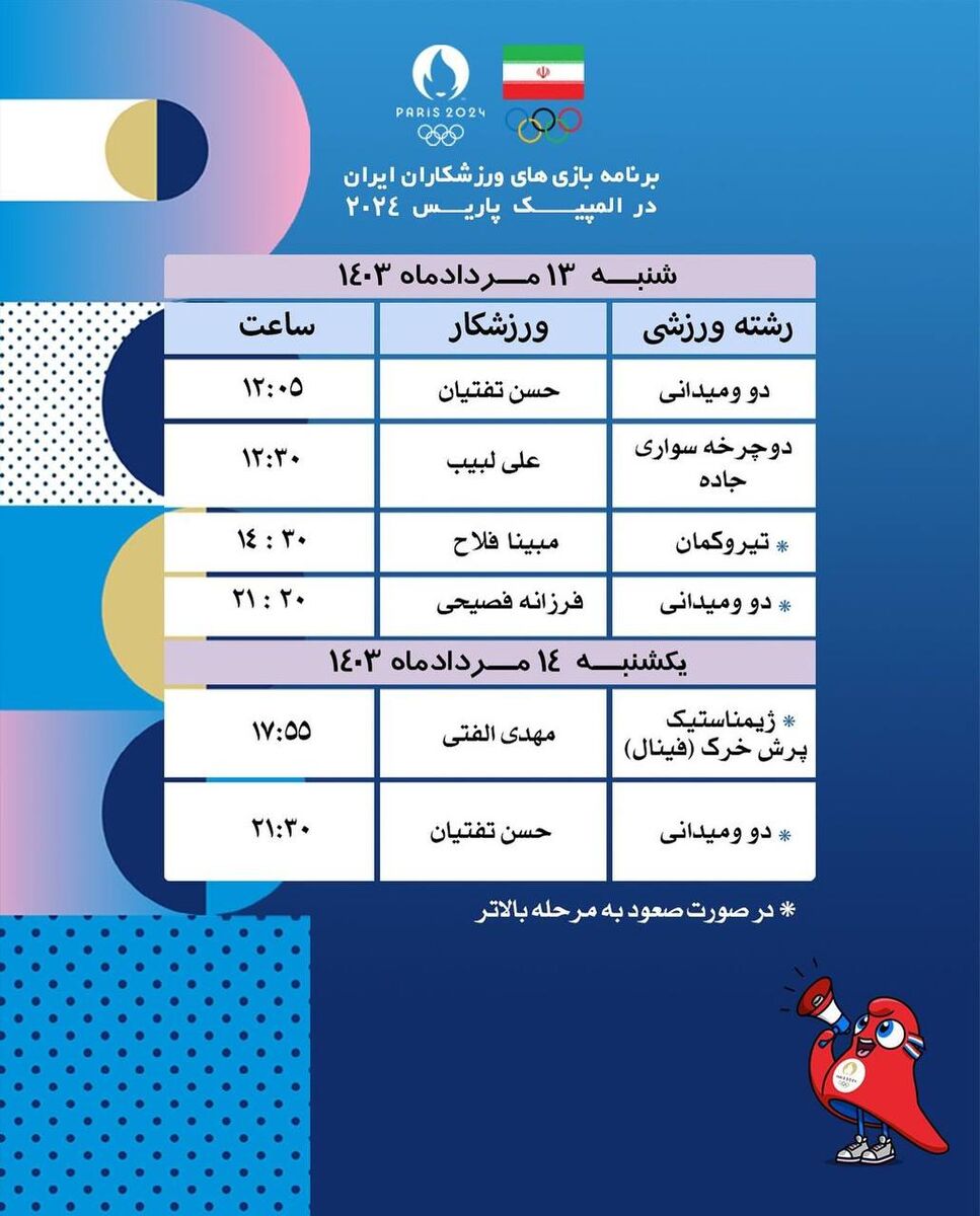 برنامه کامل بازیهای نمایندگان ایران در المپیک پاریس +عکس