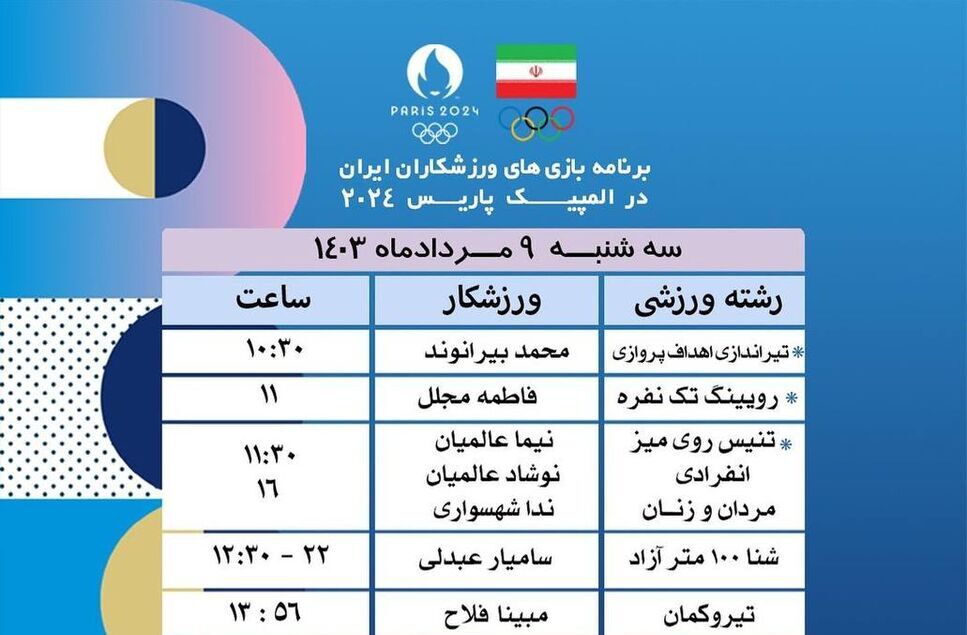 برنامه مسابقات امروز ۹ مرداد ۱۴۰۳ ورزشکاران ایران در المپیک پاریس