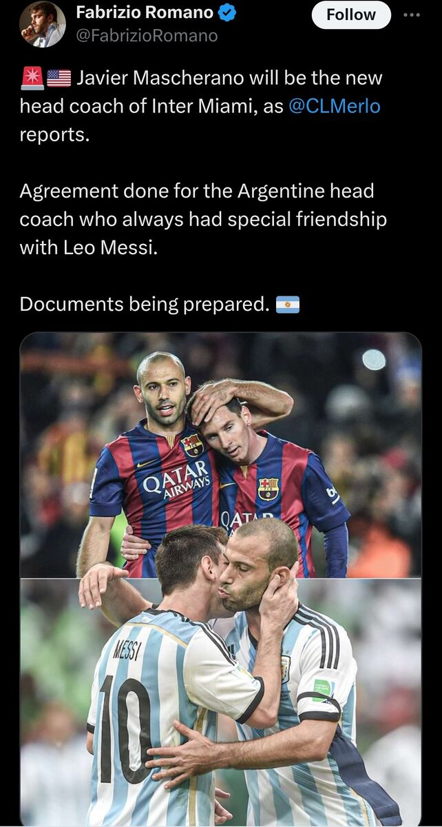 قطعی شد؛ خاویر ماسچرانو سرمربی اینترمیامی میشود