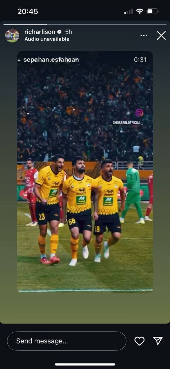 بازتاب شادی خروس بدلی در صفحه خروس اصلی؛ ریچارلیسون شادی گل دانشگر را استوری کرد بازتاب شادی خروس بدلی در صفحه خروس اصلی؛ ریچارلیسون شادی گل دانشگر را استوری کرد