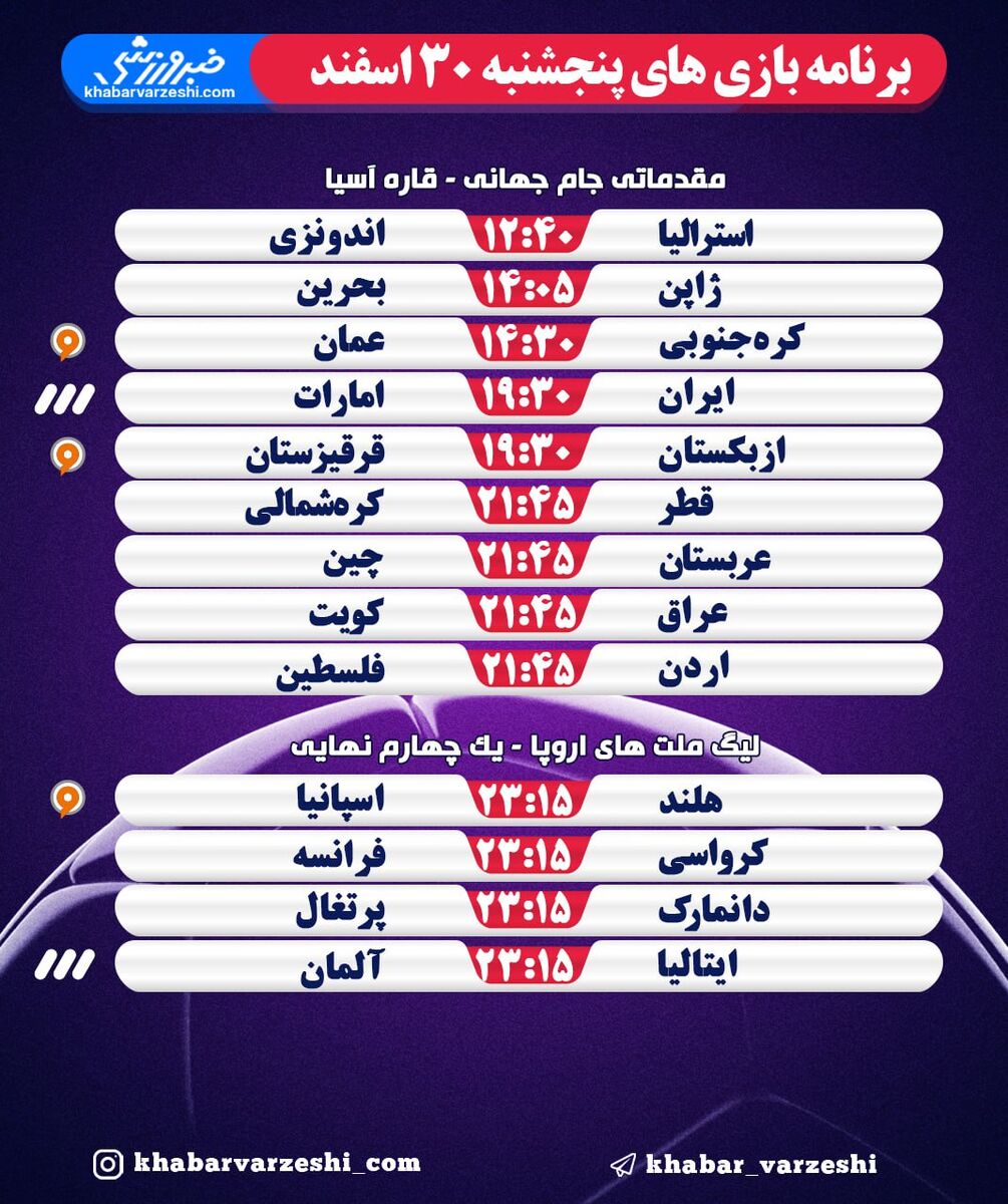 برنامه دیدار های امروز؛ مقدماتی جام جانی ۹ دیدار، لیگ ملت های اروپا ۴ دیدار