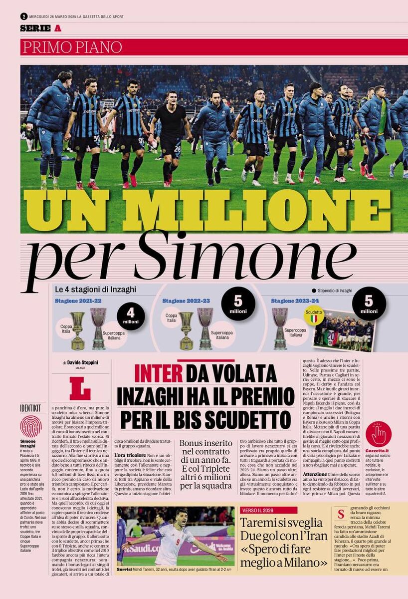 خبرورزشی با سند افشا می کند؛ خبر فروش مهدی طارمی جعلی است +اسلاید صفحه های روزنامه گاتزتا دلواسپرت