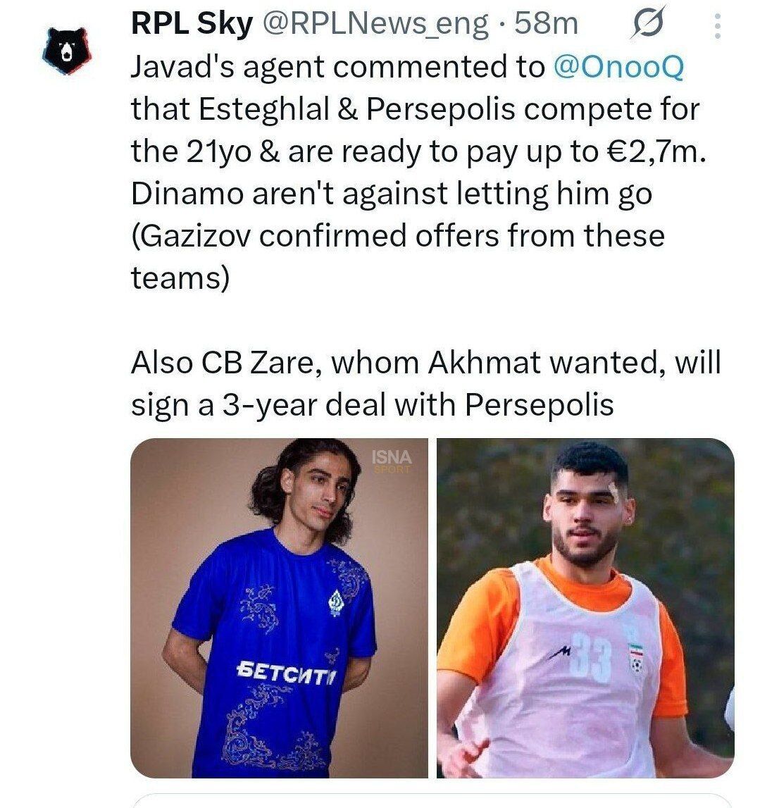 ادعای رسانه روسی؛ زارع پرسپولیسی شد!