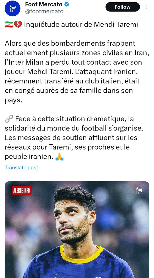 اعلام همبستگی رسانه ایتالیایی با طارمی و مردم ایران