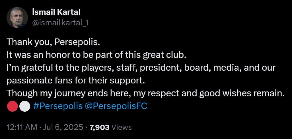 کارتال از پرسپولیس خداحافظی کرد: بودن در این باشگاه افتخار بزرگی بود!