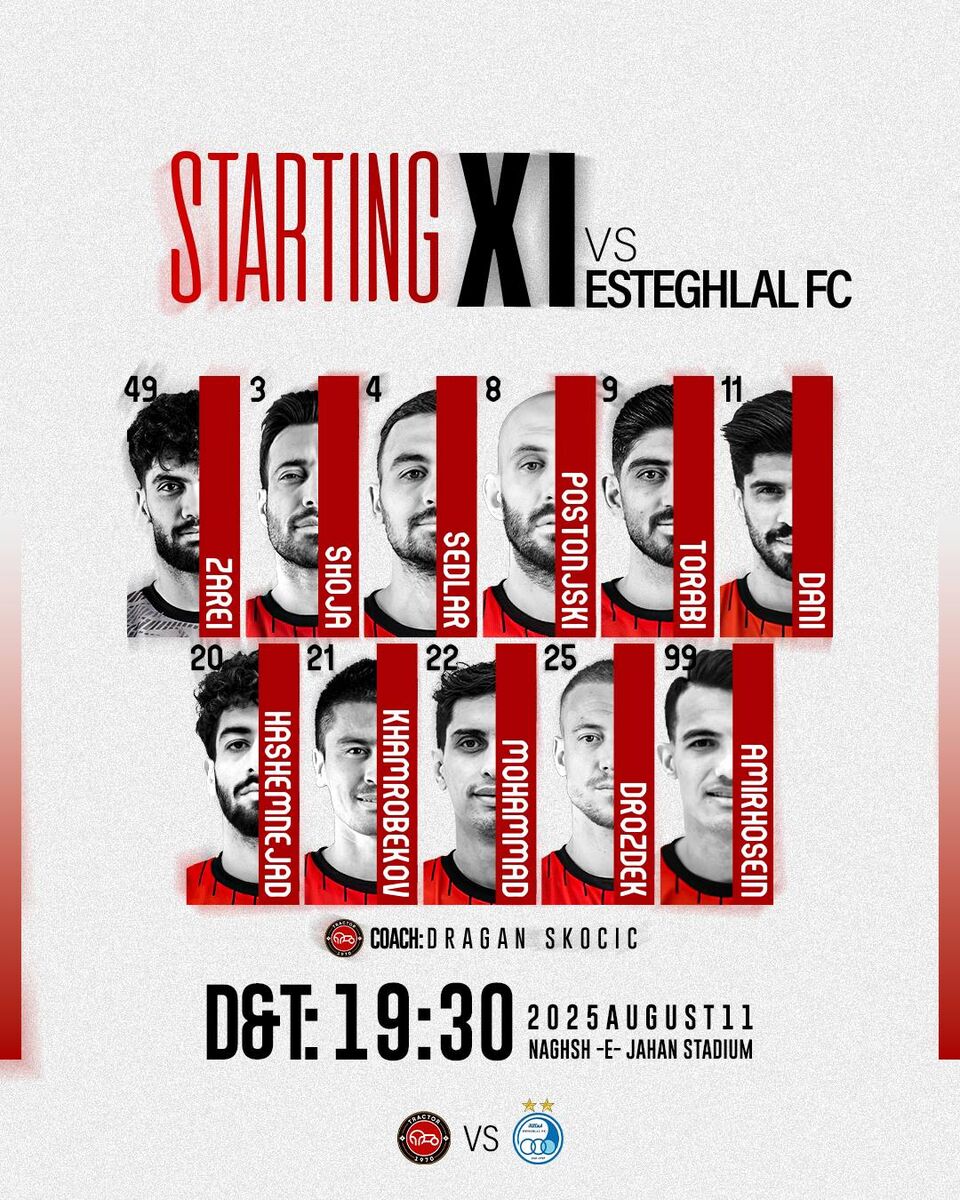 ترکیب تراکتور مقابل استقلال در سوپرجام/ تغییر بزرگ اسکوچیچ مقابل آبیها