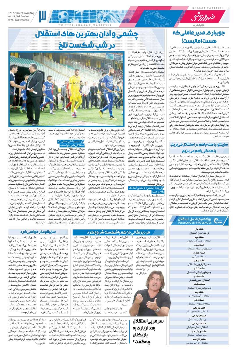 ساپینتو: اجازه حرفزدن با هواداران را ندارم/ روزنامه خبرورزشی را رایگان بخوانید