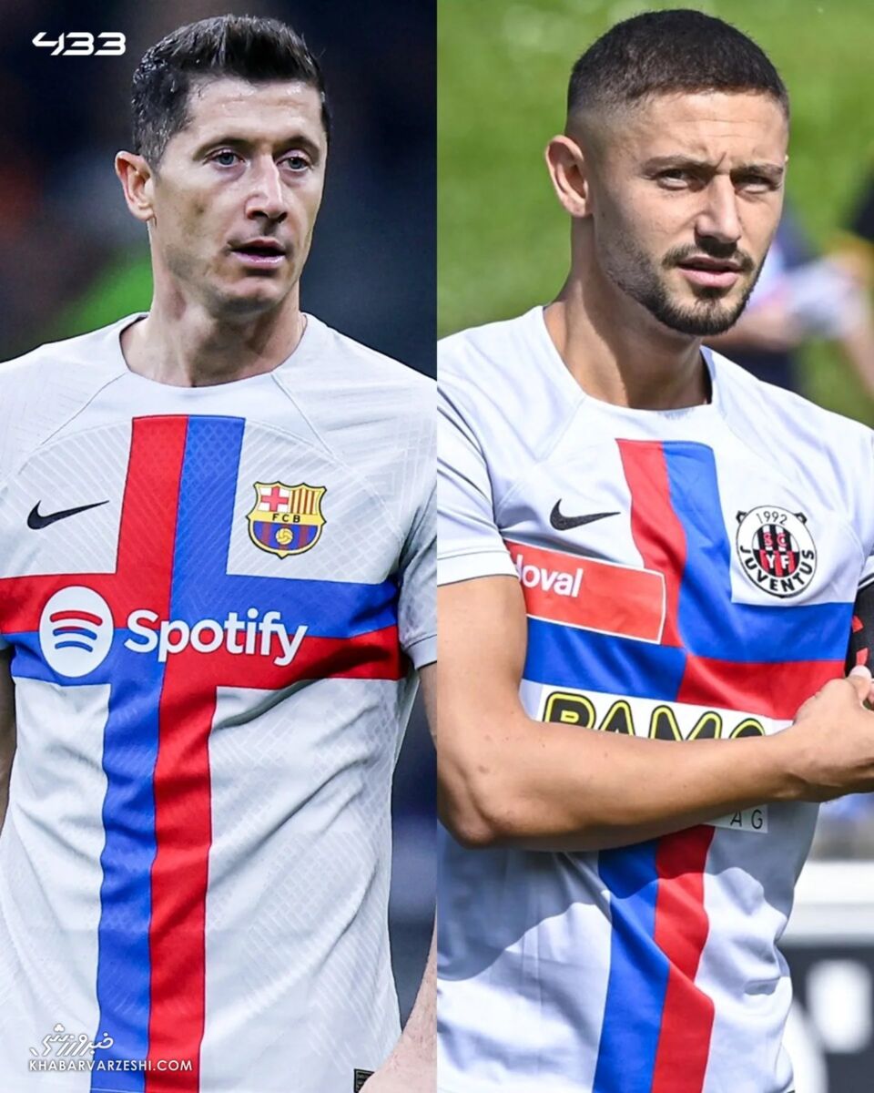 کیت سوم فصل ۲۳-۲۰۲۲ بارسلونا بر تن بازیکنان یوونتوس زوریخ