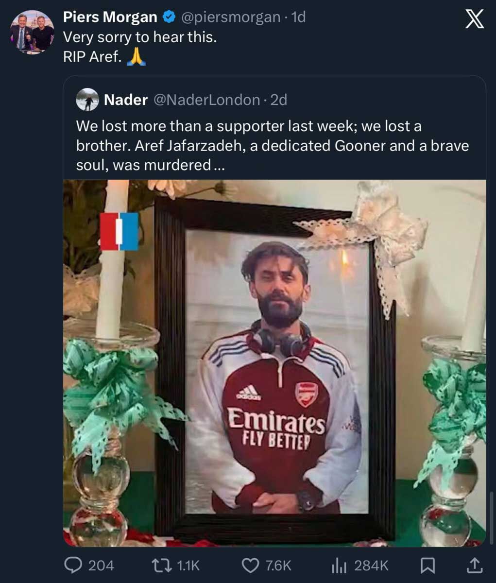 همدردی مجری معروف انگلیسی به خاطر درگذشت هوادار ایرانی آرسنال +عکس