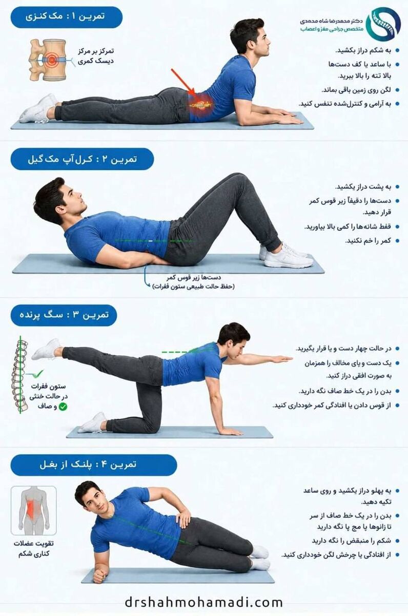 بهترین تمرین ها برای کاهش درد دیسک کمر - مورد تایید دکتر محمدرضا شاه محمدی متخصص دیسک کمر