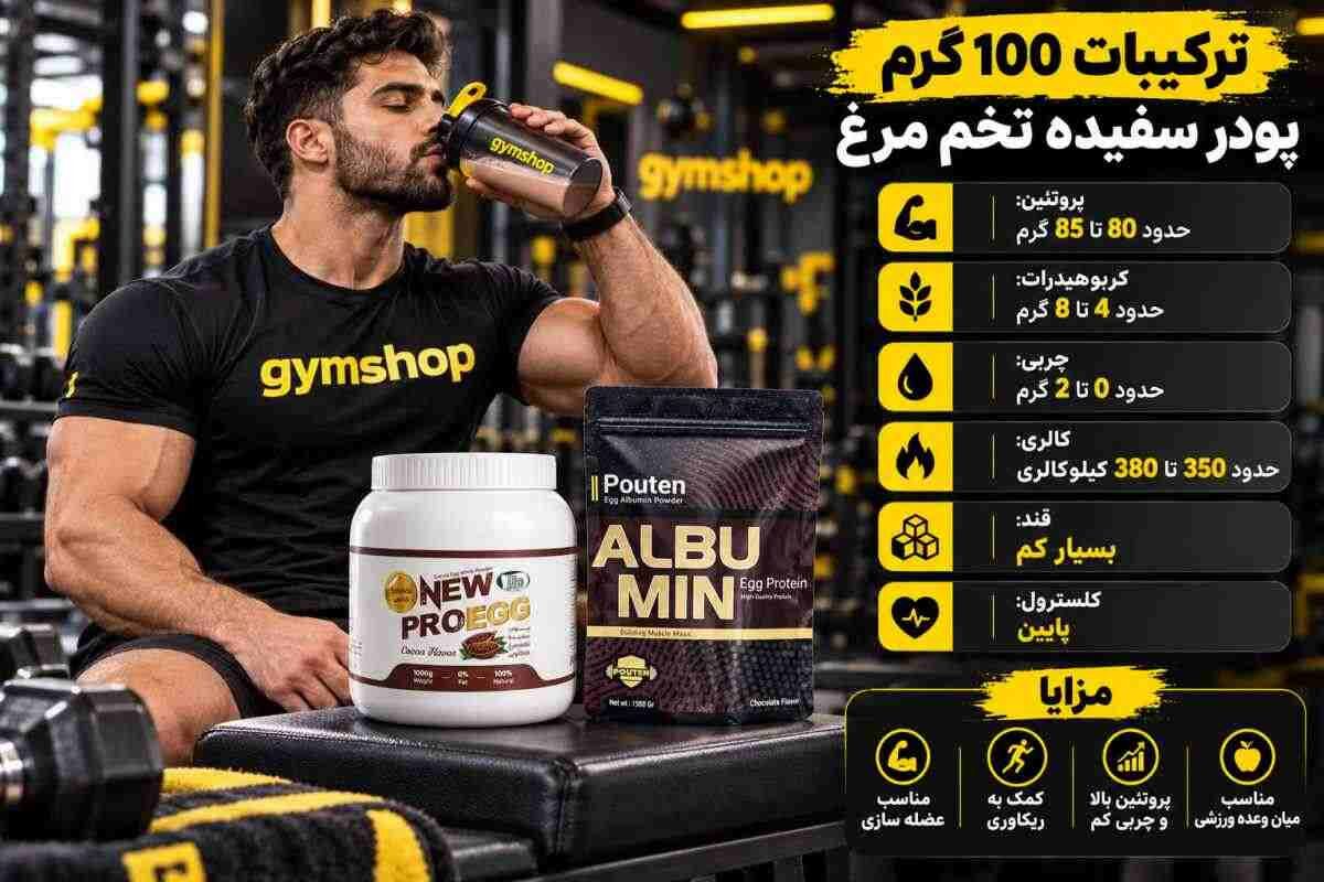 ترکیبات 100 گرم پودر سفیده تخم مرغ-پودر سفیده تخم مرغ چقد پروتئین دارد؟فواید پروتئین سفیده تخم مرغ-جیم شاپ