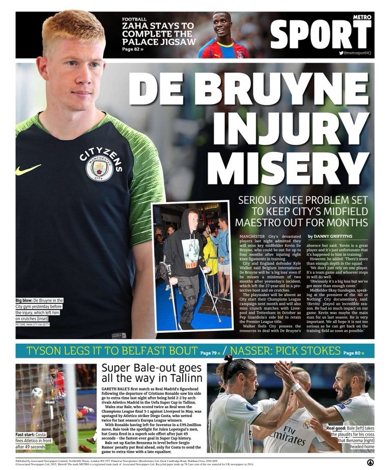 روزنامه مترو| بیچارگیِ مصدومیت دبروینه