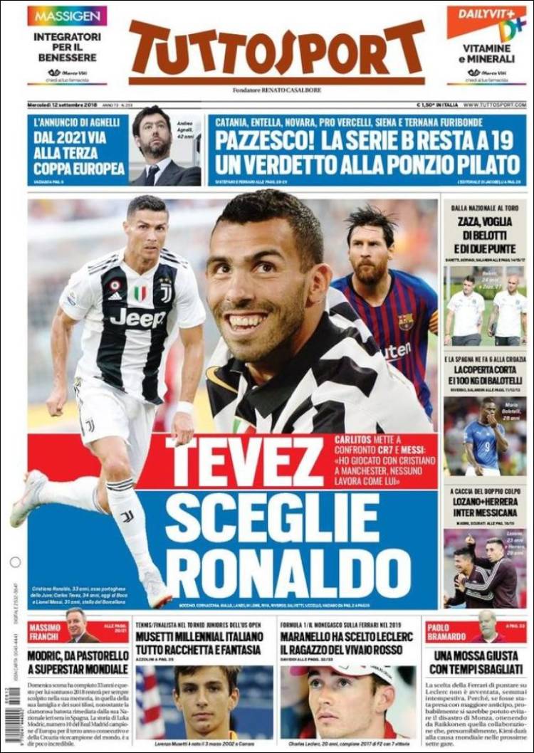 روزنامه توتو| تِوس، رونالدو را انتخاب کرد