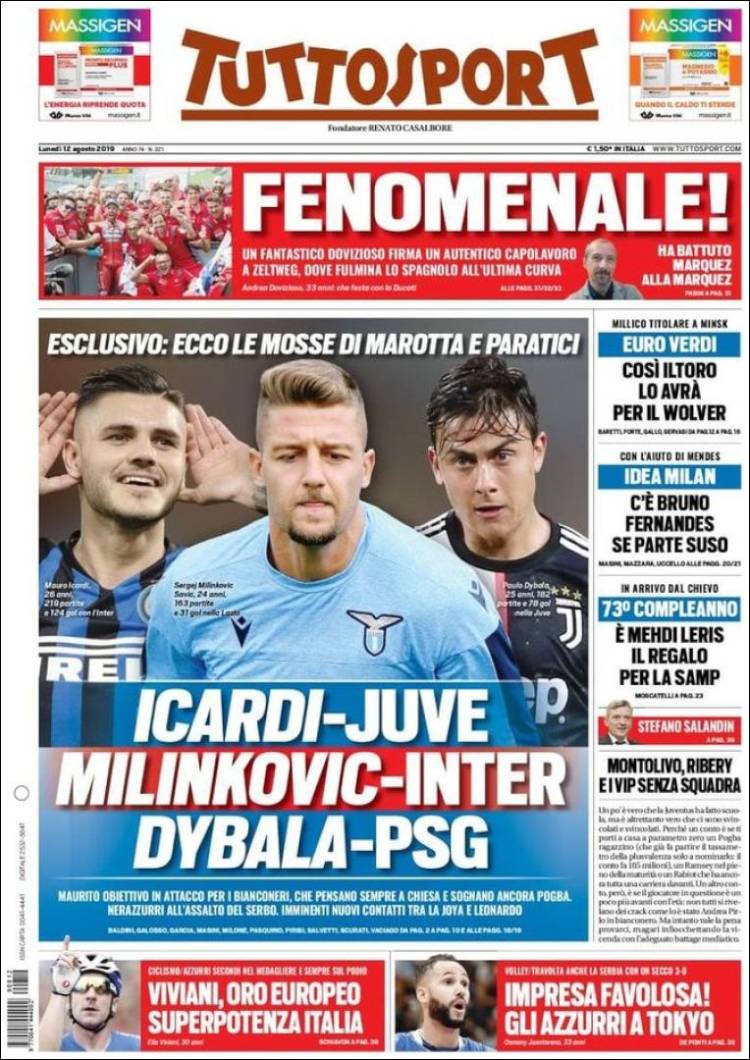 روزنامه توتو| ایکاردی - یووه، میلینکوویچ - اینتر، دیبالا - پی‌اس‌جی